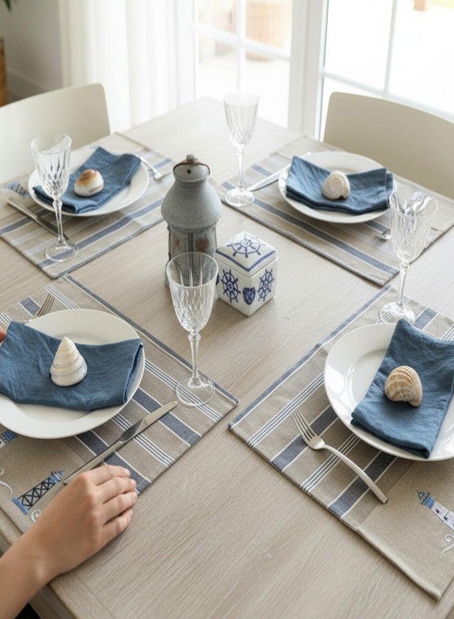 Eight Owls Nautical Placemats - Set of 4 -- Cotton Decorative Embroidered Design - Natural, Navy Blue and White (Lighthouse) - Image 3